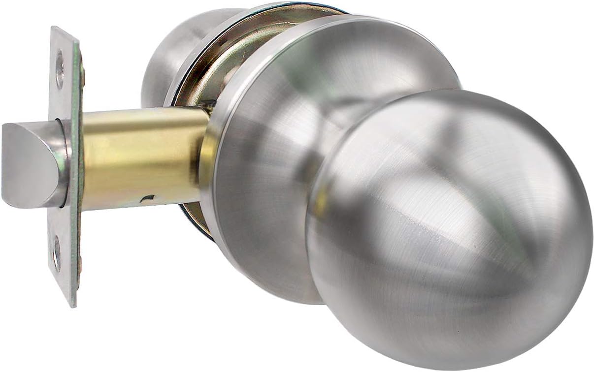 Door Knob Set Round Ball Style Passage Doorknob, Premium Stainless Steel, No Lock Interior Front Door and Bedroom Door Knobs, Keyless Doorknob for Hall Closet Pantry - Satin Nickel (PGL075SS)