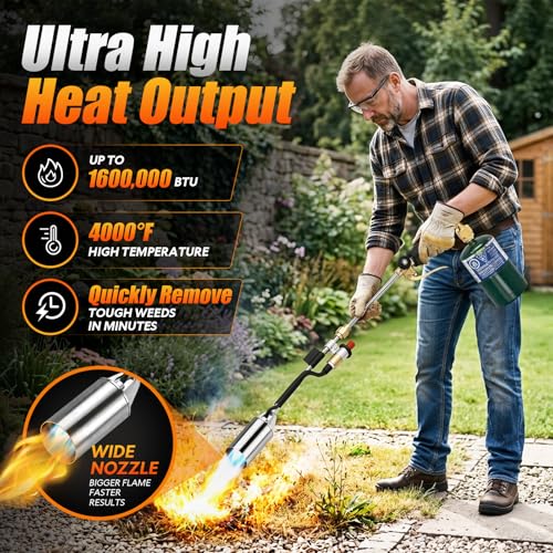 Image of Propane Torch Weed Burner, 33.4 inch Heavy Duty Propane Weed Torch with Push Button Igniter, Weed Torch Propane Burner for Weeds, Snow Melting, Roofing & Asphalt, Flame Thrower for Weeds