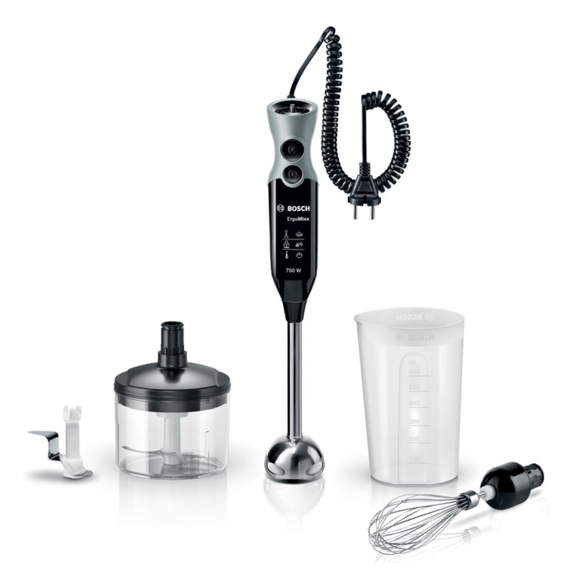 Bosch ErgoMixx - Batidora de mano, potencia750 W, 12+1 velocidades, con accesorios, color negro