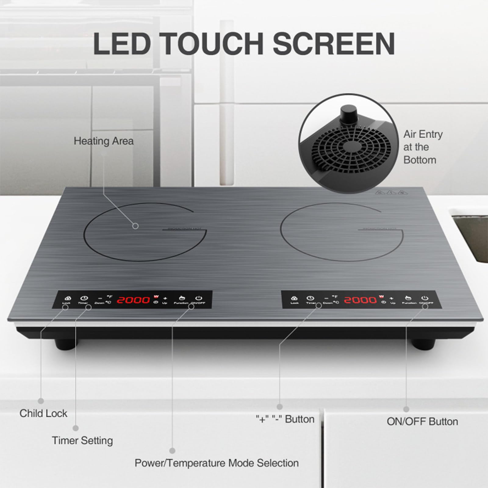 Piano Cottura A Induzione Doppio Cucina Elettrica Da 24 Pollici 2 Fuochi, Touch Screen A LED Sul Piano Cottura A Induzione, Blocco Di Sicurezza, Piastra Di Riscaldamento A Induzione Portatile