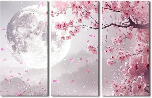 Moon Cherry Blossoms Wall Art Landscape Wall Decor 3 Piece Wall Art Framed Art W