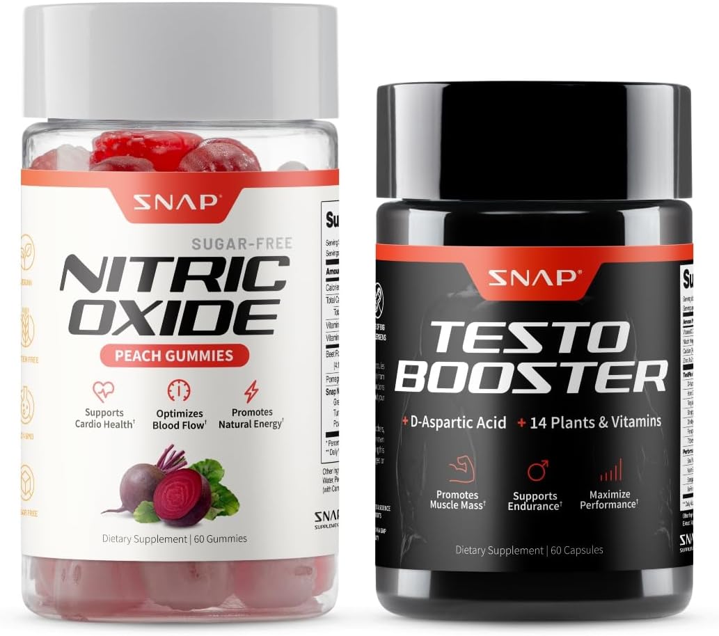 Snap Supplements Nitric Oxide Beet Root Gummies + Testo Booster Supplement Bundle, 60 Peach Gummies + 60 Vegetarian Capsules