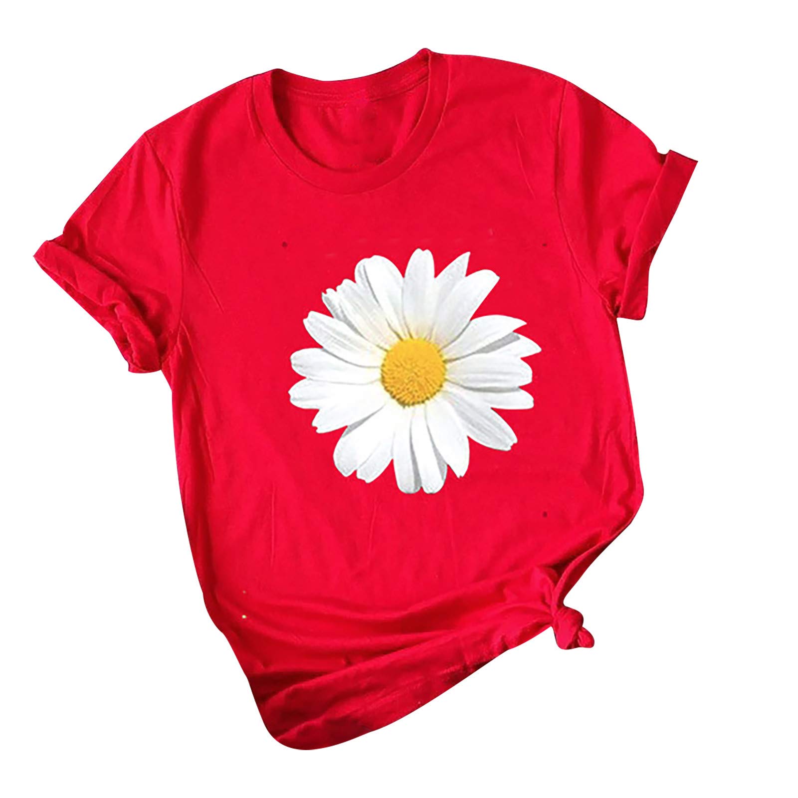 WirziisWomens Summer T-Shirt, Casual Trendy Daisy Print Loose Fit Blouse Tops Ladies Short Sleeve Cute Crewneck Comfy Clothes