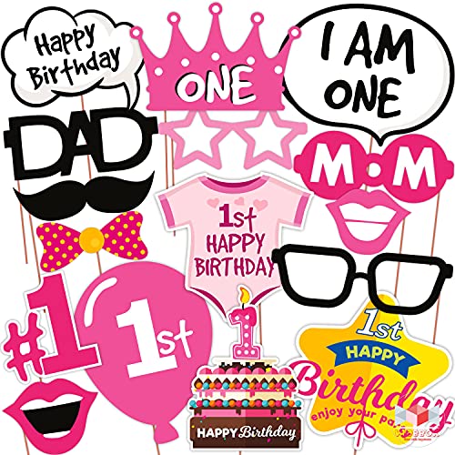 Image of Wobbox All Occasion Indian Family Photo Booth Party Props (18 Pieces) & Wobbox First Birthday Party Props for Birthday Events, Pink