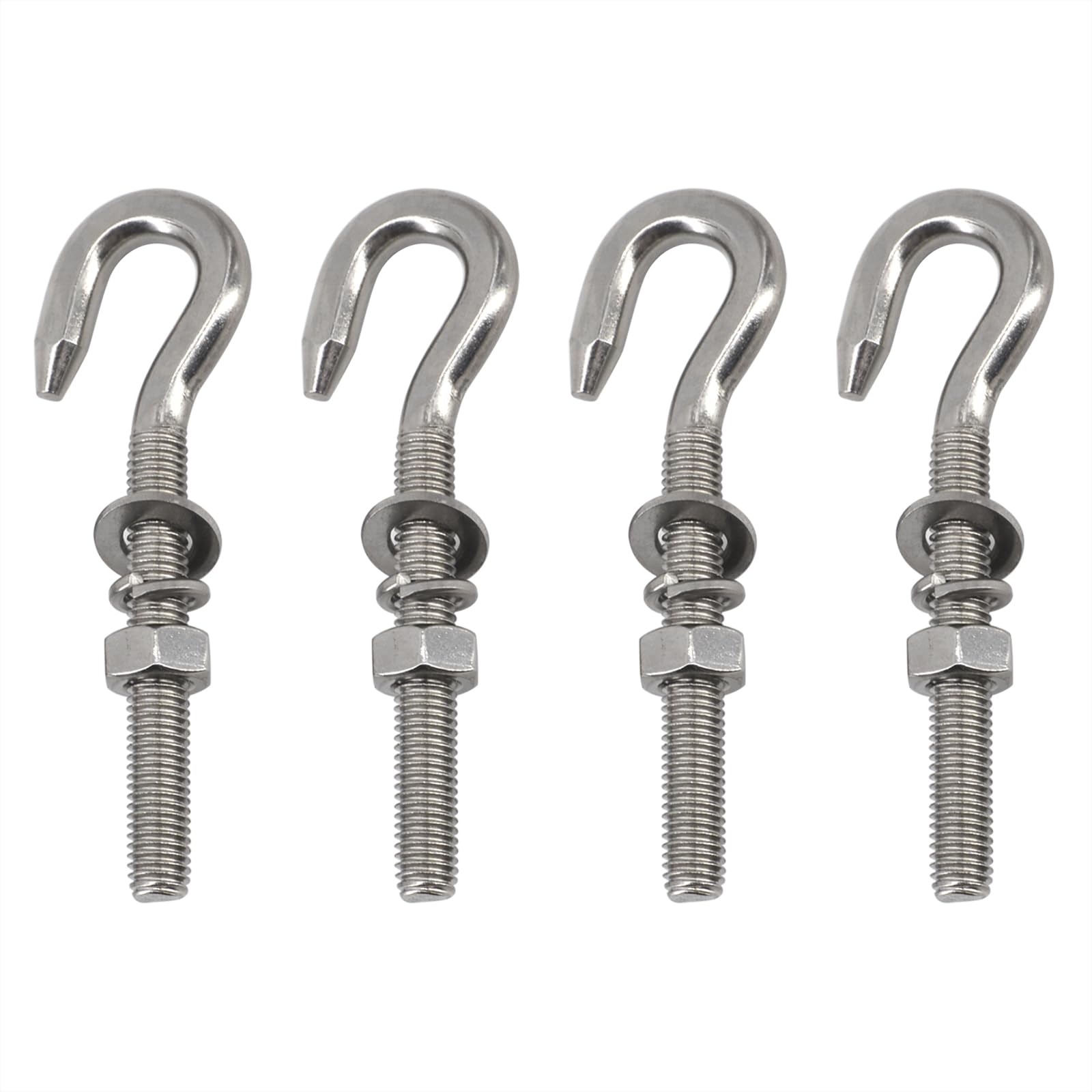 4 Pack M12 304 Stainless Steel Hook Bolt Heavy Duty Long Shank Threaded Rod Hanging Hook with Washers an Nut for Garden, Fence, Hammocks, Swing Chair