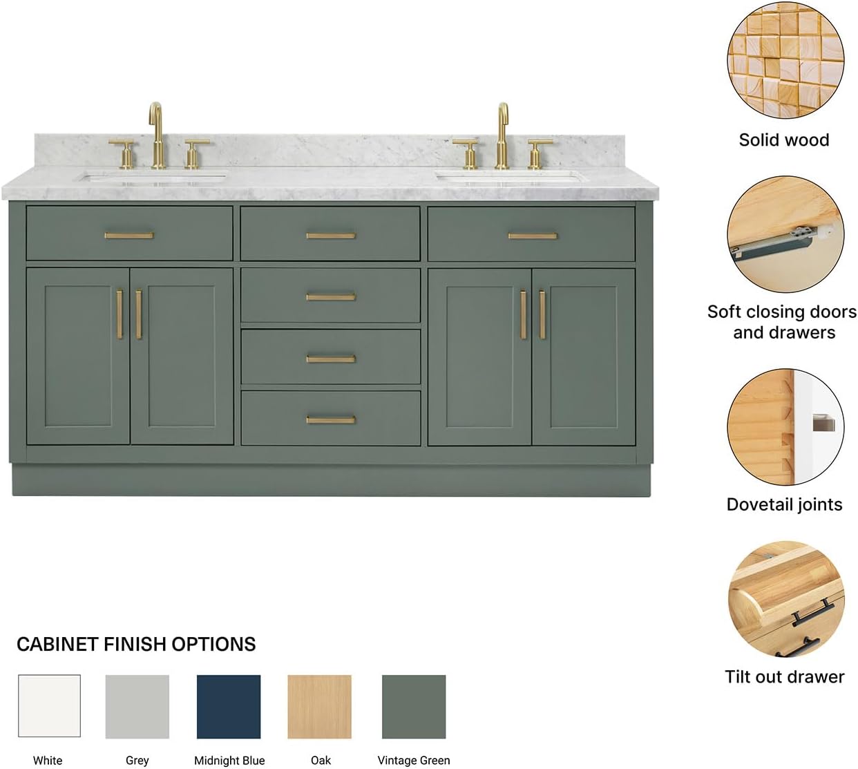 ARIEL Hepburn 72-inch Bathroom Vanity with Sink,Solid Wood, 1.5-inch Italian Carrara Marble Countertop, Double Rectangular Porcelain Sink, 4 Soft Closing Doors, 6 Dovetail Drawers, Vintage Green