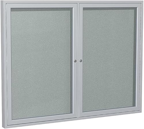 Vista 92 de Ghent Tablón de anuncios de vinilo cerrado de 2 puertas para exteriores, resistente a los golpes, con cerradura, marco de aluminio satinado