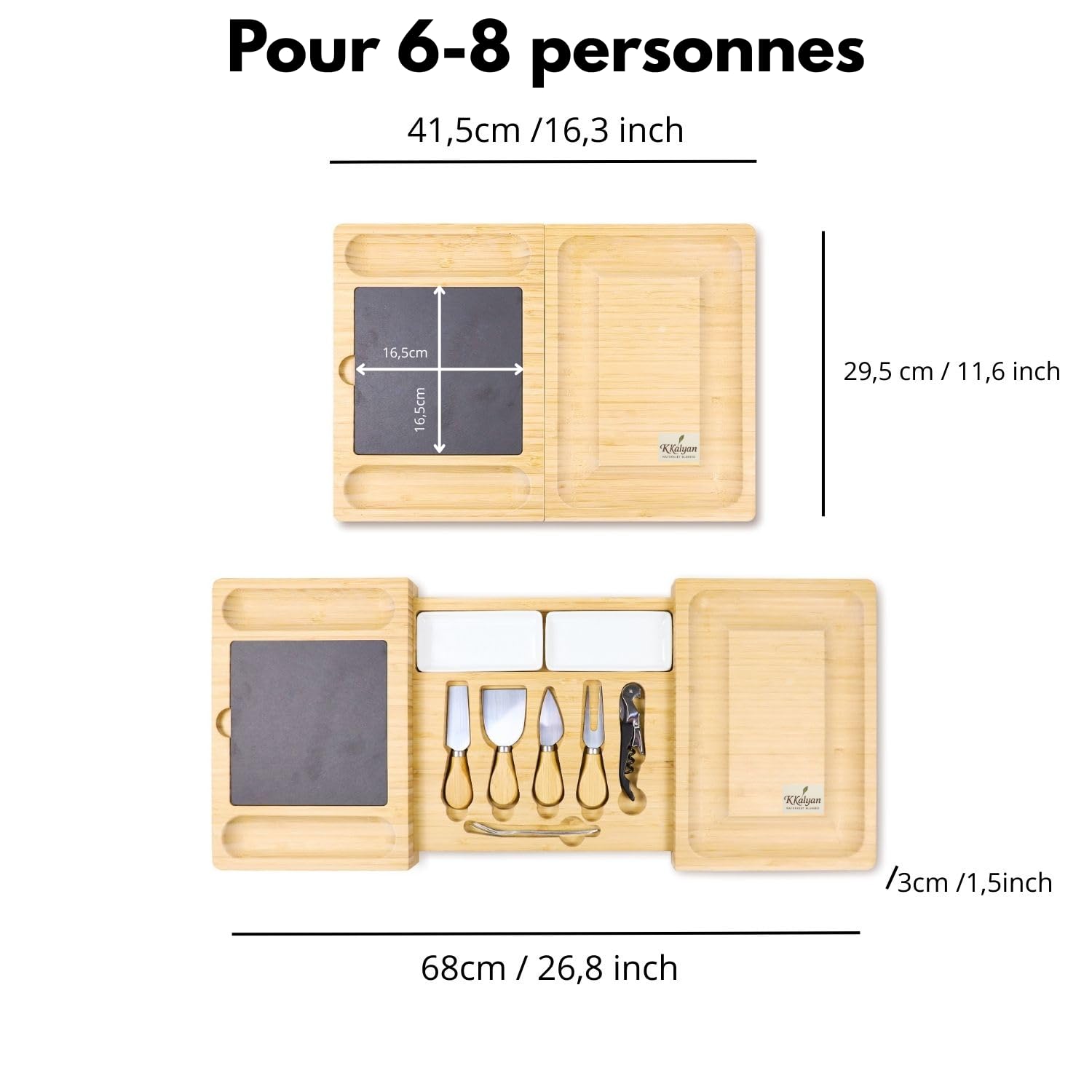 KKALYAN Planche Apero xxl Extensible en Bambou – Plateau Apéritif Dinatoire 6 à 8 Personnes avec Accessoires