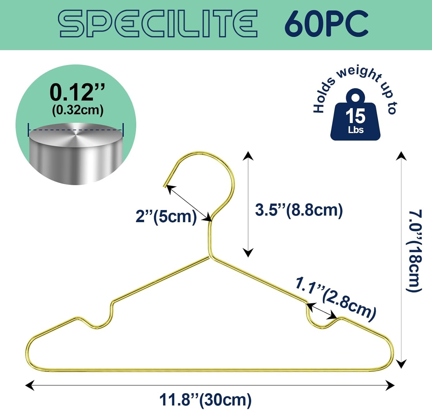 SPECILITE 60 Pack 11.8” Gold Kids Baby Metal Hangers with Notches for Toddler Clothes, Shirt, Children Coats, Infant Dress, Pants, 0.12" Thick Space Saving, Heavy Duty