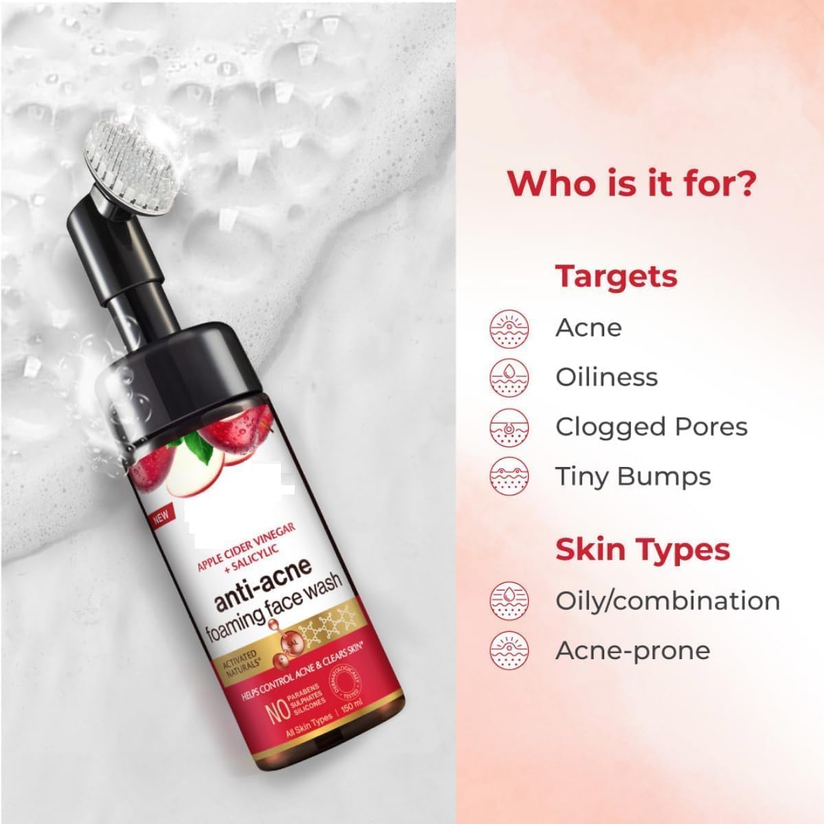 Skin Science Apfelessig schäumende Gesichtsreinigung, ohne Parabene, Sulfat und Silikone (mit integrierter Bürste), 150 ml