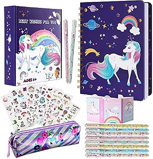 Unicorn Gifts for Girls Age 6 7 8 9 10 11 Year Old, Purple Birthday Gifts for Girls Back to School Stationery Sets Supplies with Unicorn Sticky Notes Stickers A5 Notebook Pencil Case Pen