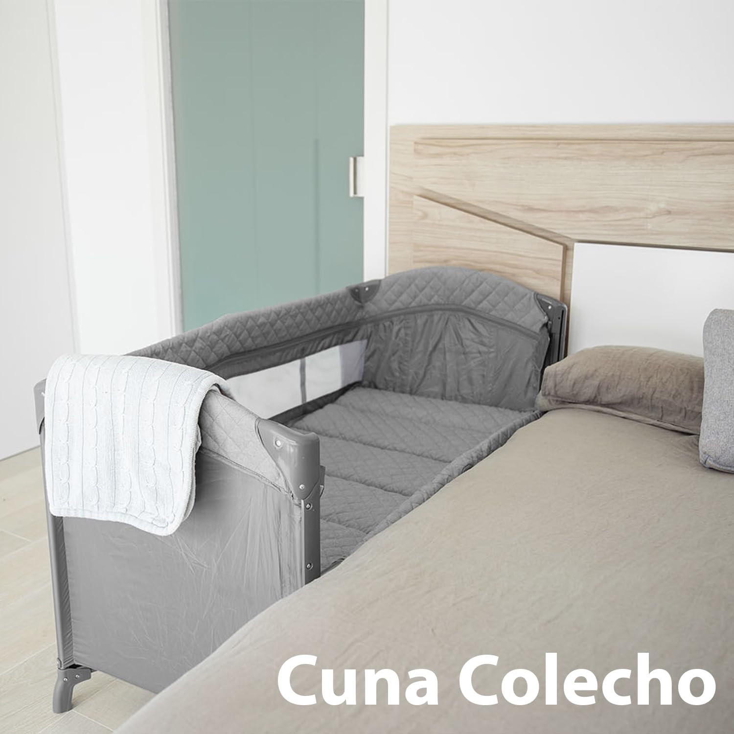Olmitos - Cuna colecho de Viaje, Parque Infantil y Cuna clásica 3 en 1 - Plegable 2 Alturas con Buena circulación de Aire – Entrada Lateral y Ruedas con Freno - Incluye Bolsa Viaje (Gris)