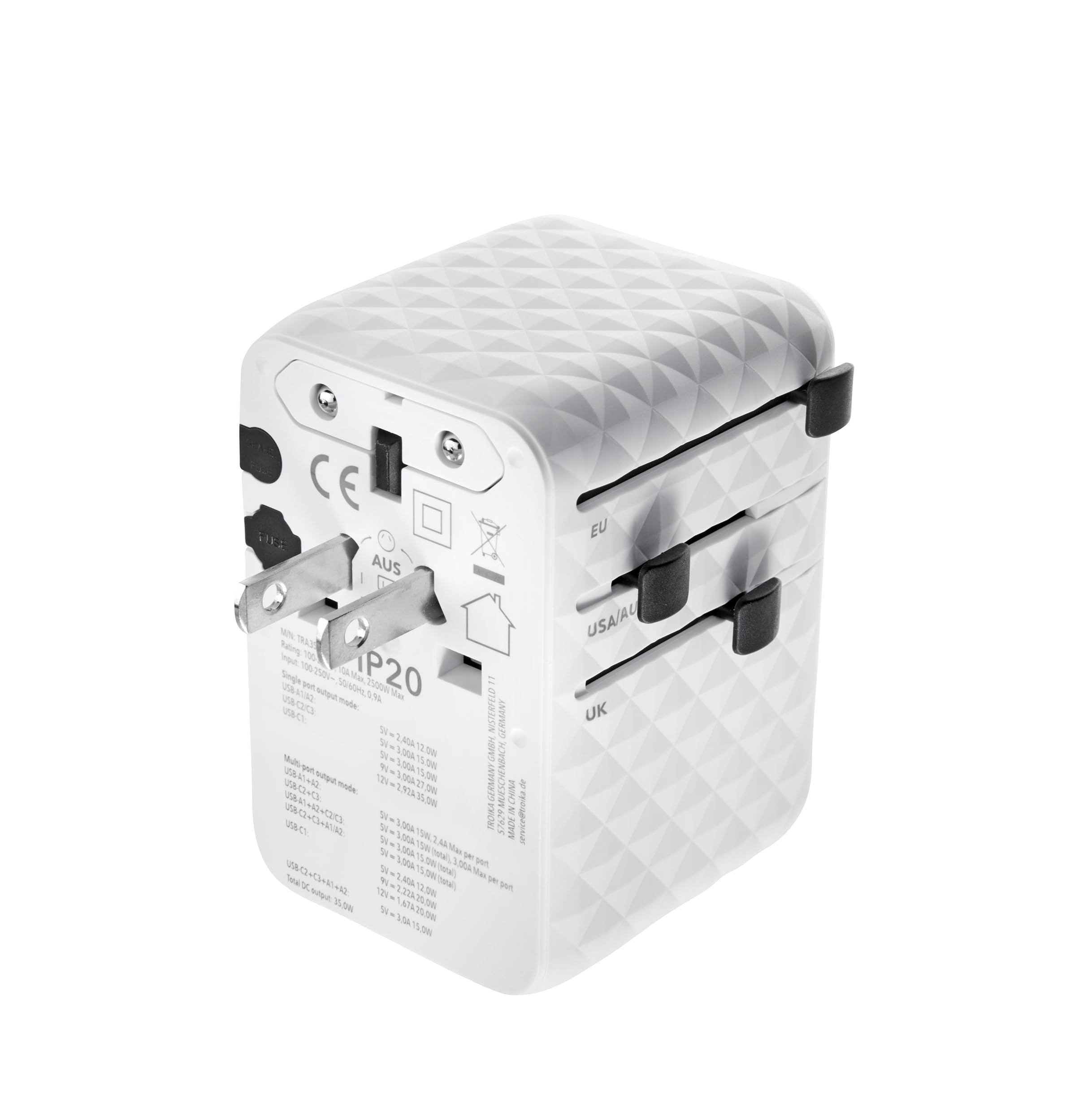 TROIKA Worldwide Pull 35 adapter podróżny na całym świecie/USA/WYŁ.UK/UK + USA/JP wraz z kablem USB-C do szybkiego ładowania i nadaje się do wszystkich powszechnie stosowanych gniazd wtykowych 5 w
