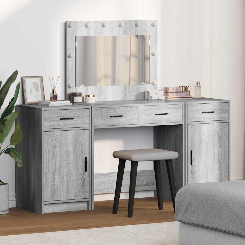 vidaXL Moderner Frisiertisch mit Spiegel und integrierter Beleuchtung, viel Stauraum und Schubladen, ideal für Schlafzimmer, Grau Sonoma Finish, stylisches Makeup-Vanitieset, Möbel mit LED Licht