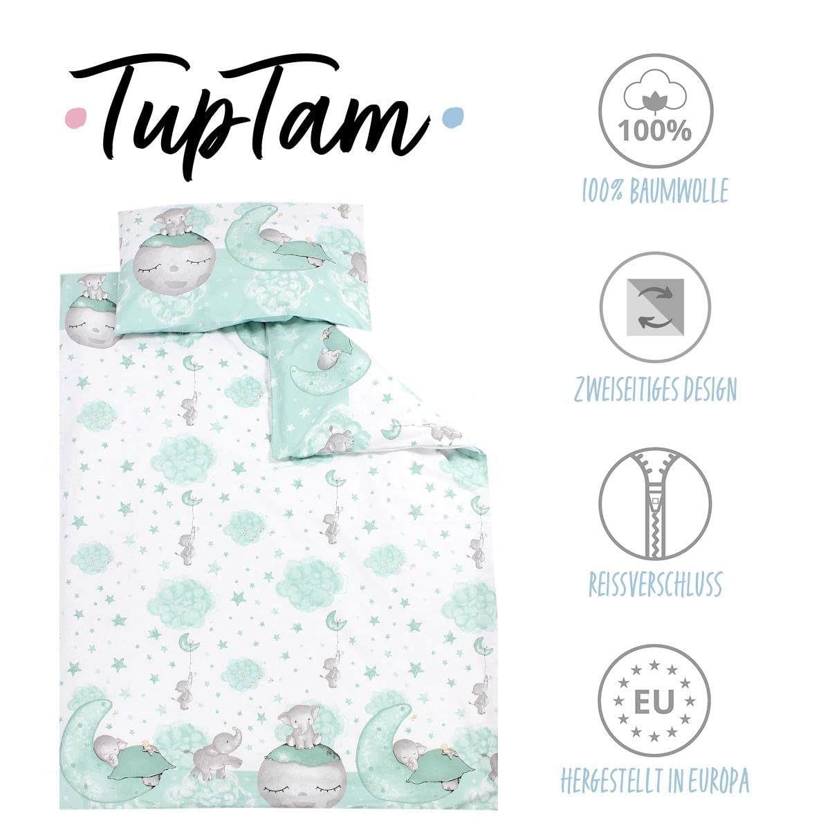 TupTam Juego de Ropa de Cama para Niños, de 2 Piezas., Luna con Elefante/Menta, 120x90 cm — view 2