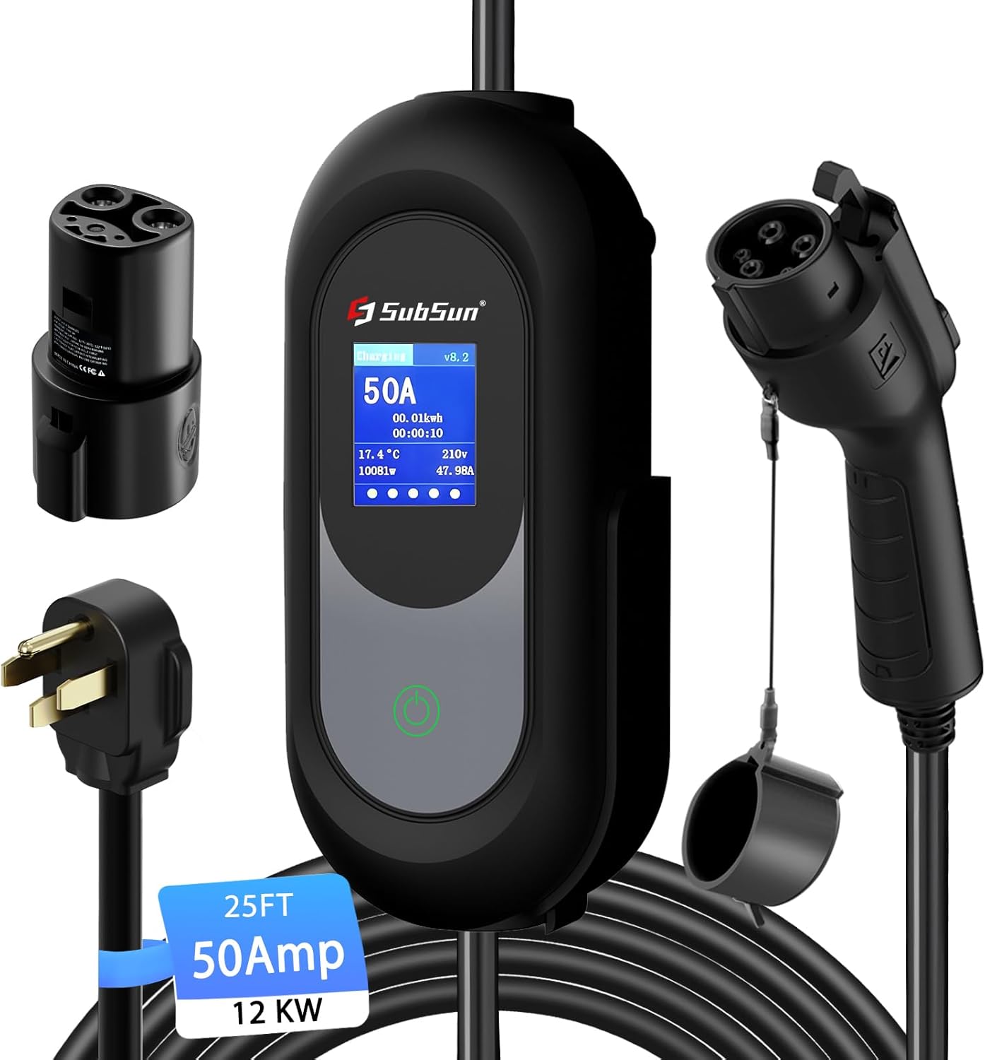 SubSun Level 2 EV Charger for All Tesla and SEA J1772 EVs, 50Amp 240V,25ft Cable, Portable Electric Vehicle Charger with NEMA14-50 Plug, Adjustable Current/Delay Charging for Home and Outdoor