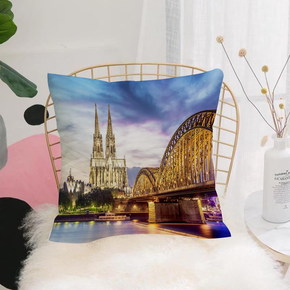 HYOSXW Cushion Cover,Throw Pillow Case Home Decorative for Living Room Bedroom Sofa Chair 16X16 Inch,European cityscape, illuminated cathedral in Cologne Old bridge and Rhine at su,Pillowcase 40X40cm