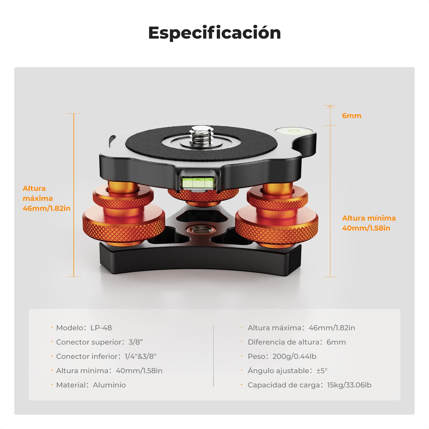 K&F CONCEPT Base Niveladora Trípode con Tornillo de 3/8'', Ajuste Preciso del Ángulo de -5°, Nivelación de Tres Ruedas para Fotografía Macro Panorámica con Adaptador de Tornillo de 1/4'' a 3/8''