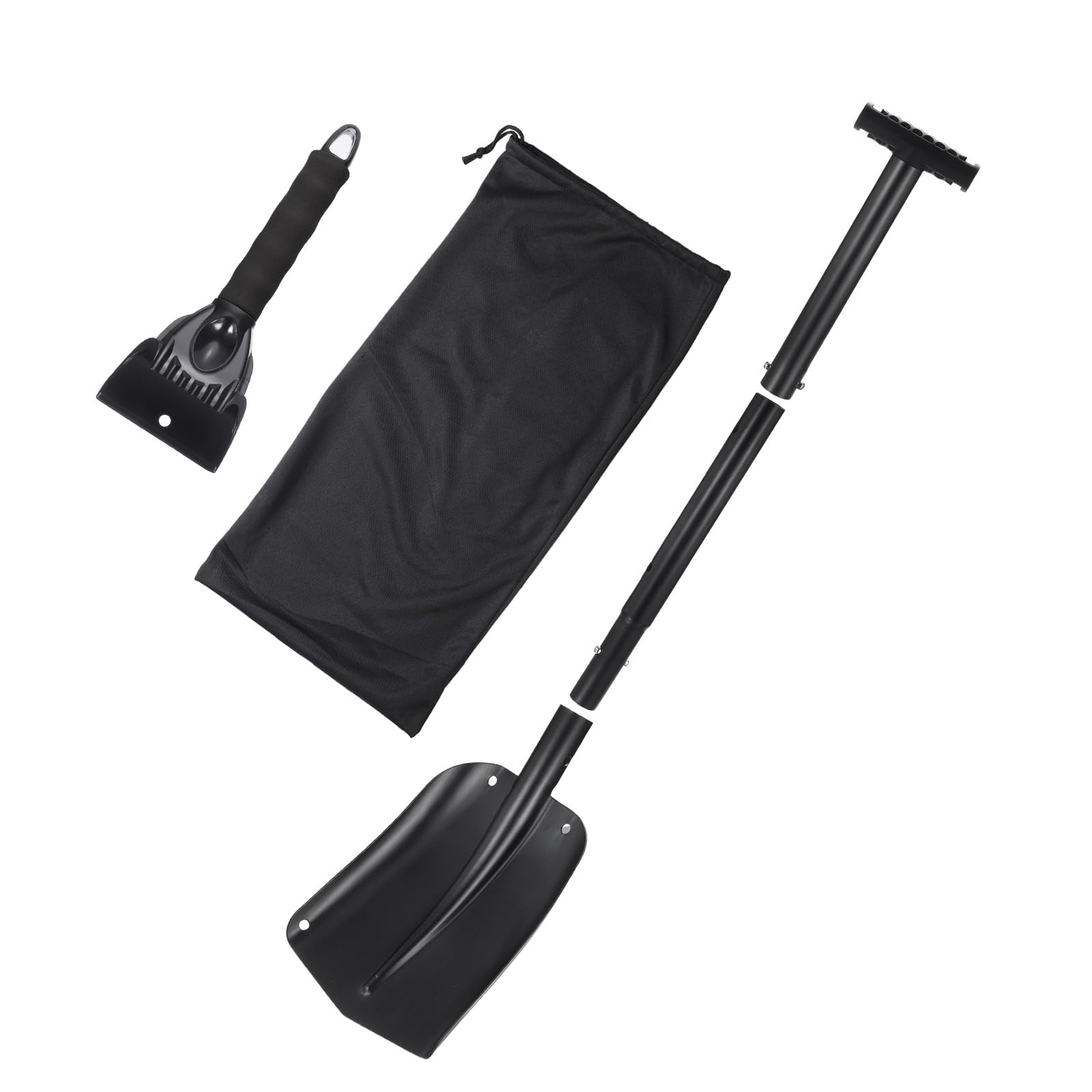 QUARKZMAN Schneeschaufel 3-In-1 Aluminium Schneeschaufel Eiskratzer Schwarz | Notfall Schneeräumungsset, Mit Aufbewahrungstasche, Für Auto Camping Gartenarbeit