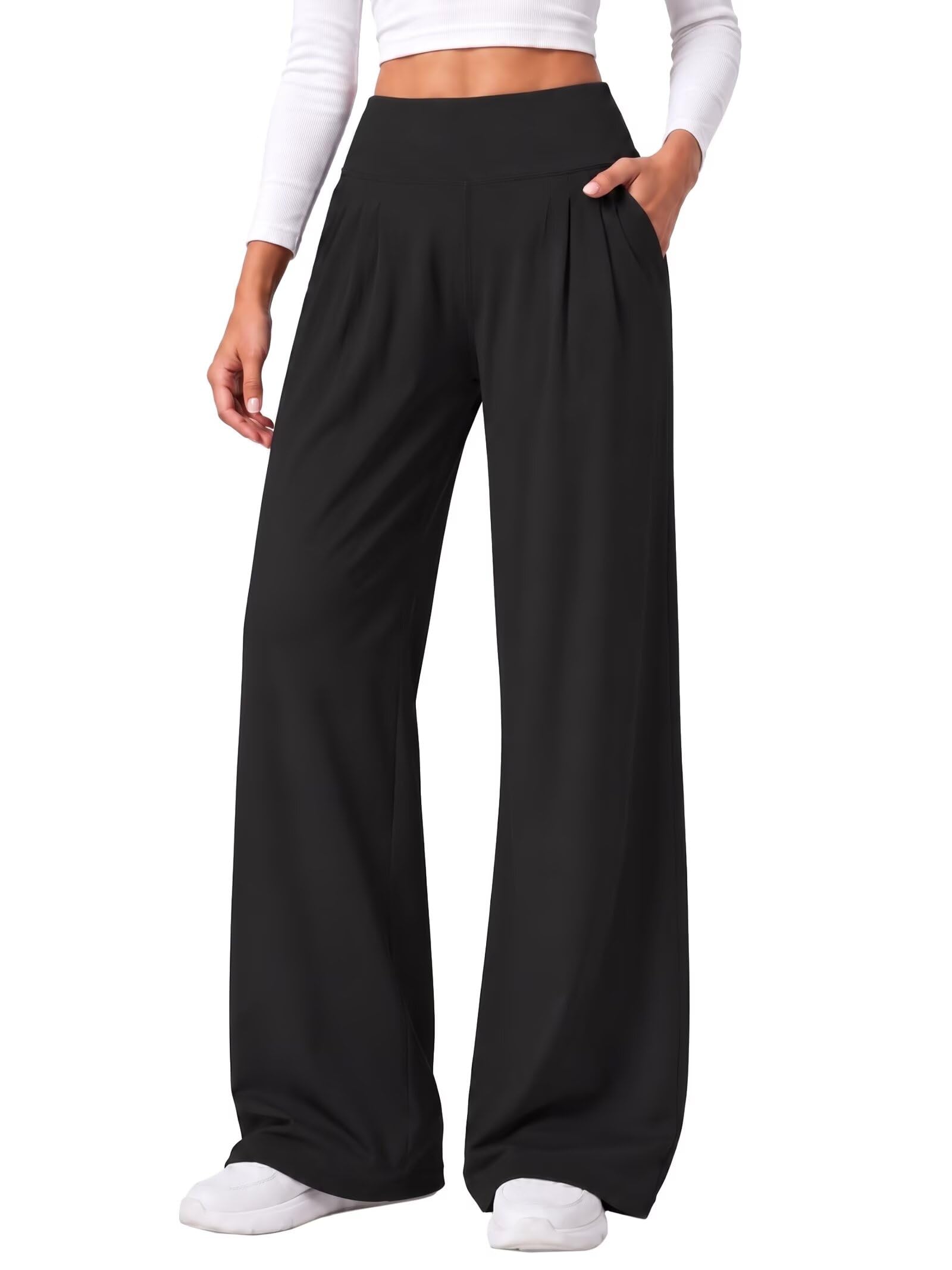 Sunzel Women's High Waisted Wide Leg Pleated Yoga Pants with Pockets