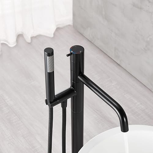 Miniatura 5 de Llenador de bañera independiente Grifo de bañera Negro Montaje en el piso Grifos de baño de latón de una sola manija con ducha de mano