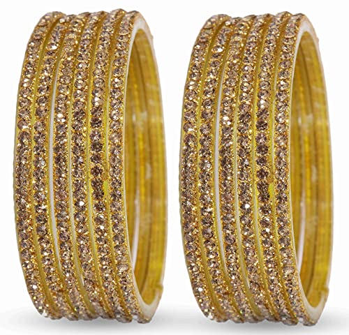 Image of NMII Glass with Zircon Gemstone and Beads Studdded Glossy Finished Traditional Bangle Set For Women and Girls