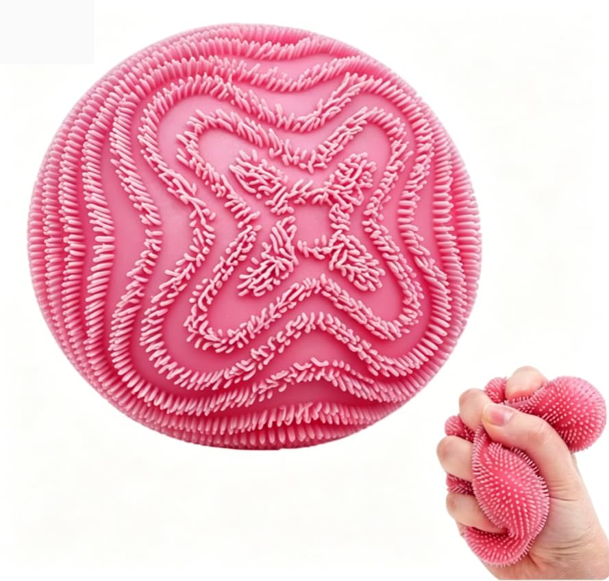 Pink Fuzz Ball, Smiley Face Soft Squeeze Ball with Fuzzy Texture, Tactile Stress Ball for Hand Engagement, Sensory Fidget Ball for Desk or Home Use
