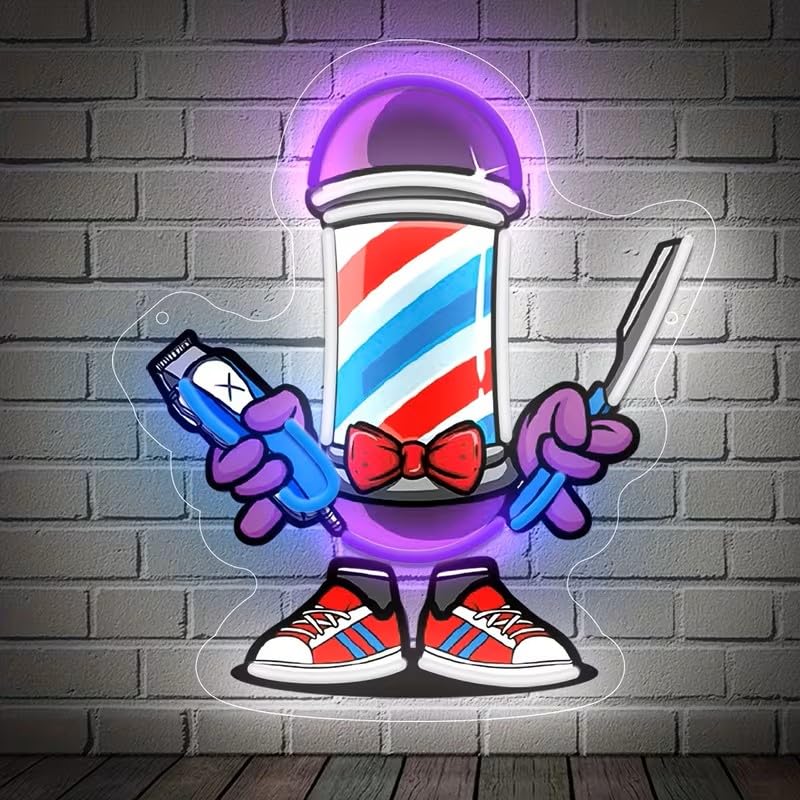 Barber Pole UV Print LED Neon Sign Acrylic Light Up Art Wall Decor for Man Cave Garage Bar Stores Bedroom Room Decorations Party Home Holiday USB Powered