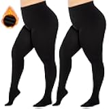 2 Pairs Women's Plus Size Fleece Lined Tights Black Opaque Thermal Tights Winter Warm Thick Stockings 400 Denier