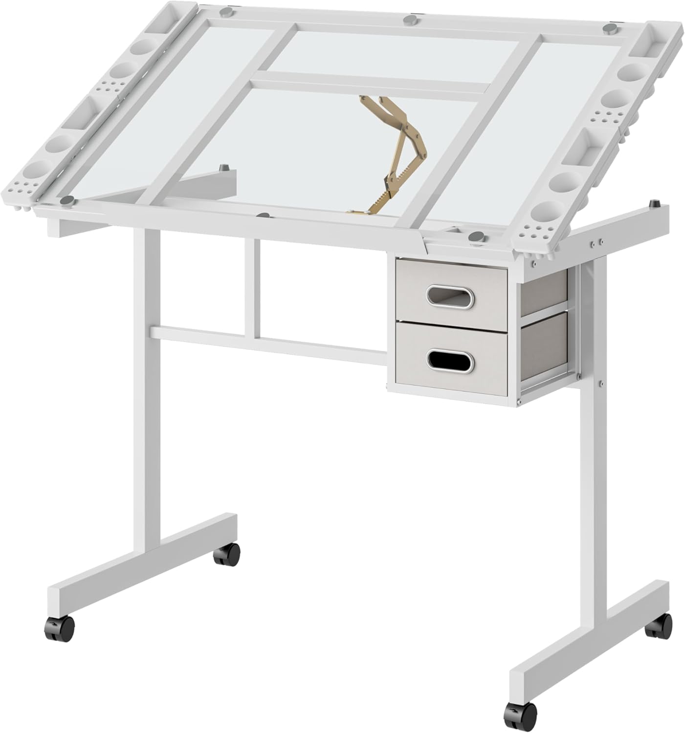Glass Drafting Table Desk Adjustable Drawing Art Station with Wheels, Tilting Craft Desk with Storage Trays and Drawers for Home Studio Office