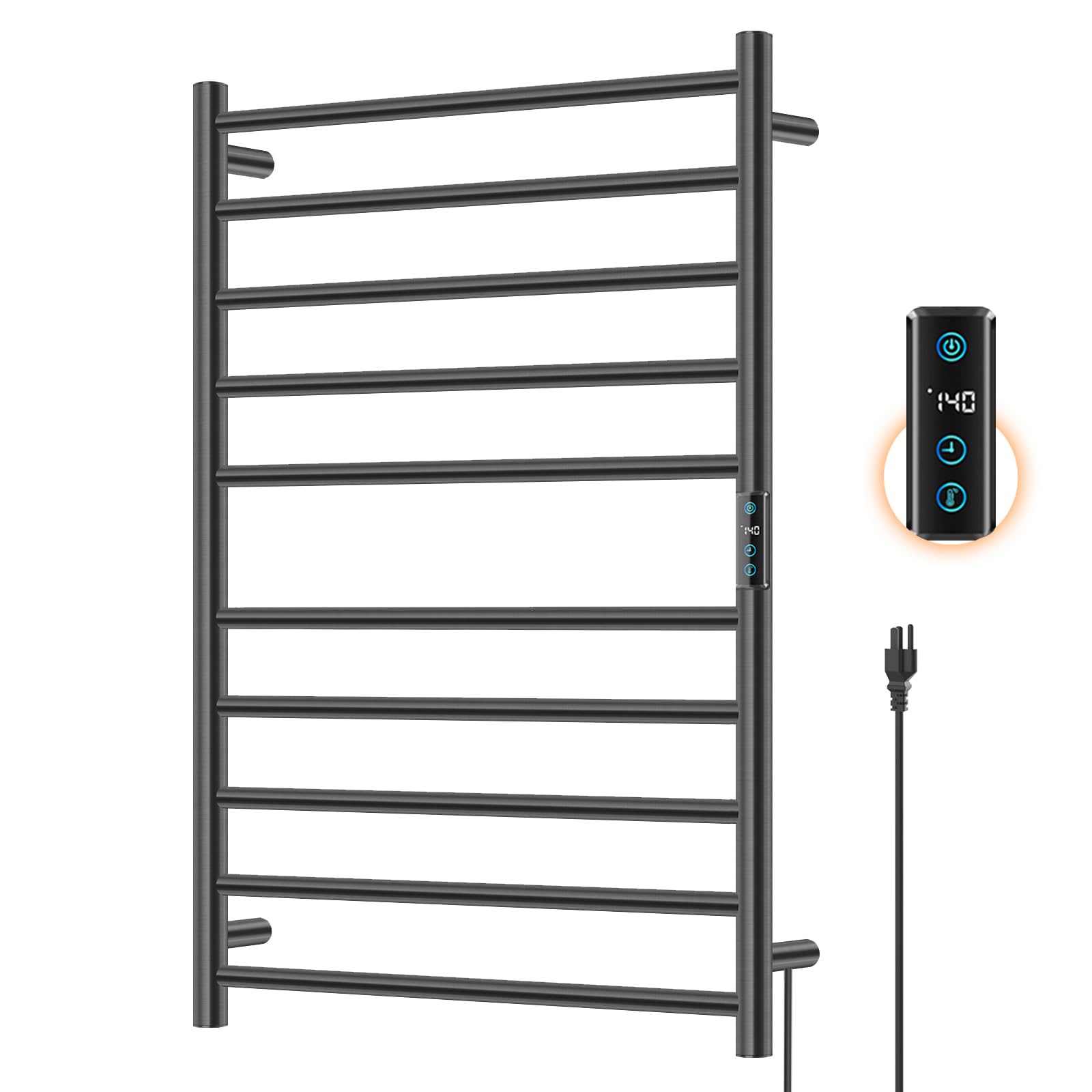 Towel Warmer Rack for Bathroom, Heated Towel Rack Wall Mounted, Stainless Steel Warmers Rack for Bathroom, 10 Bar Fast Heating with Built-in Timer 2H 4H, Plug-in, Black