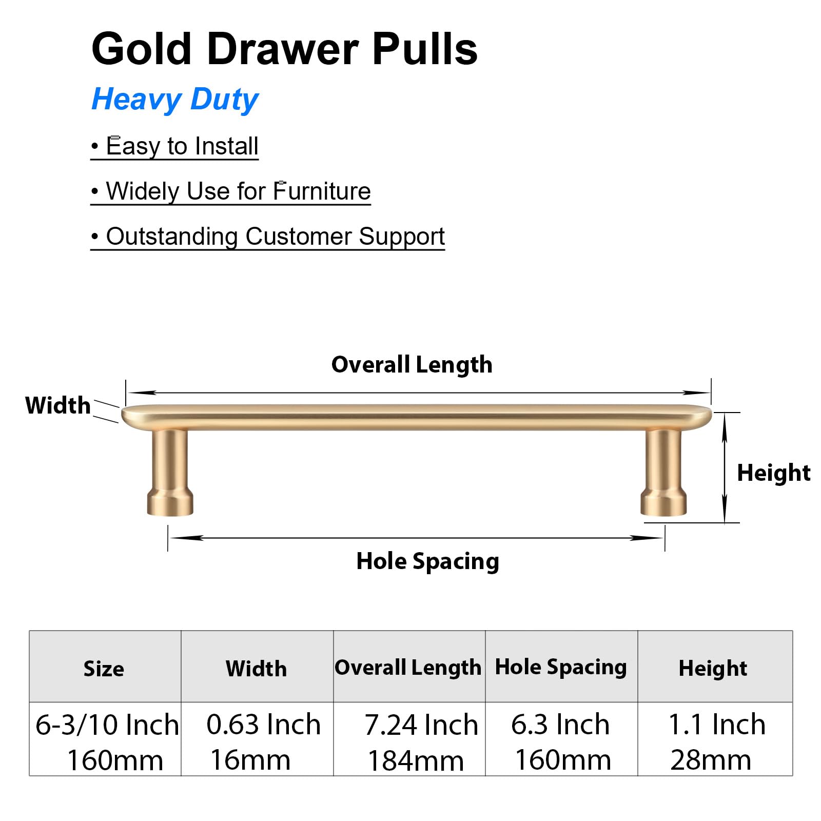 AITITAN 10 Gold Cupboard Handles - 184mm Length (160mm Hole Spacing) for Dresser, Wardrobe, Kitchen and Cupboard Doors - Image 2