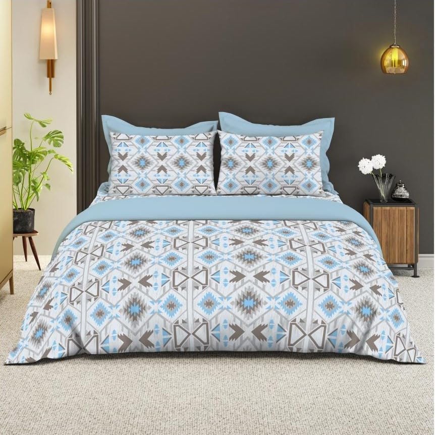 Image of Bombay Dyeing King Size Cotton Bedsheet - 120 TC with 2 Pillow Covers - Soft and Breathable - 1N King Size Bedsheet 2.74 m x 2.74m & 2N Pillow Covers 46cm x 69cm - CK05 (Blue)
