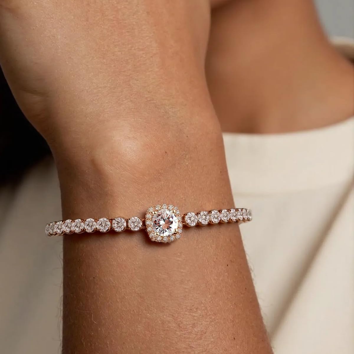 FEIKFEIZ Braccialetto in moissanite a forma di tennis, 2CT 8mm in moissanite coltivato in laboratorio, rivestito in oro rosa 18K, braccialetto d'oro regolabile per donna, regalo di gioielli.
