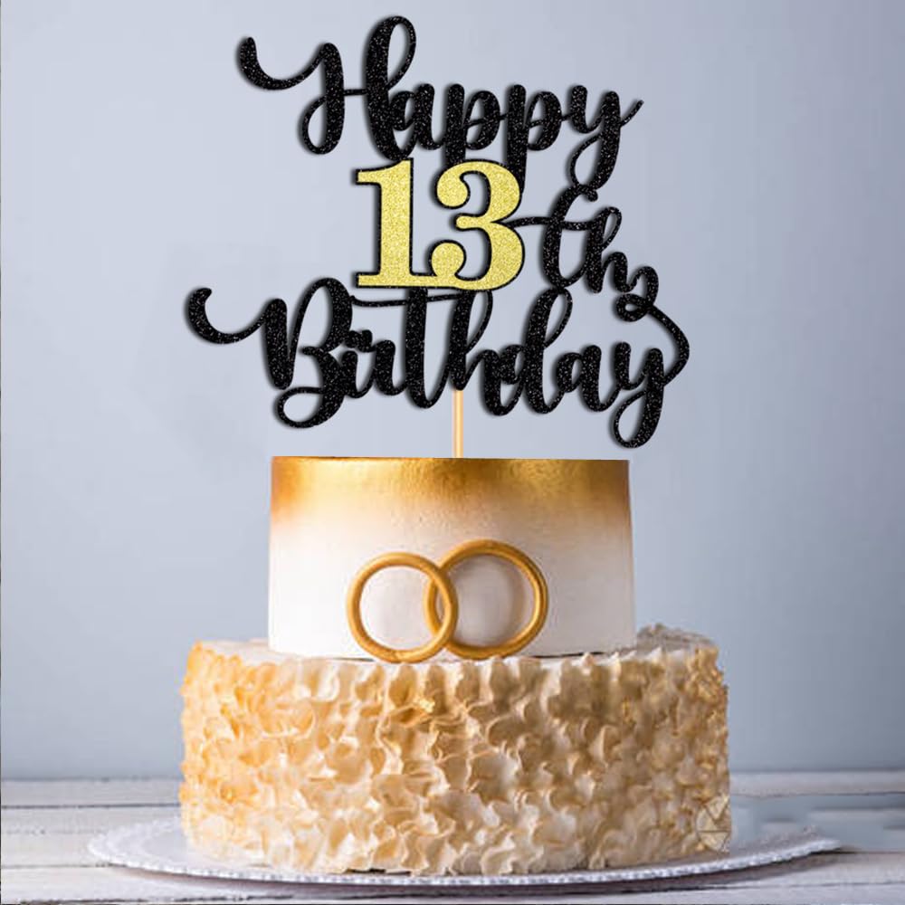 Toppers Para Tarta De Cumpleaños 13 – Set Negro Dorado Con 'Hello 13' Y Estrellas, Para Tartas Y Cupcakes