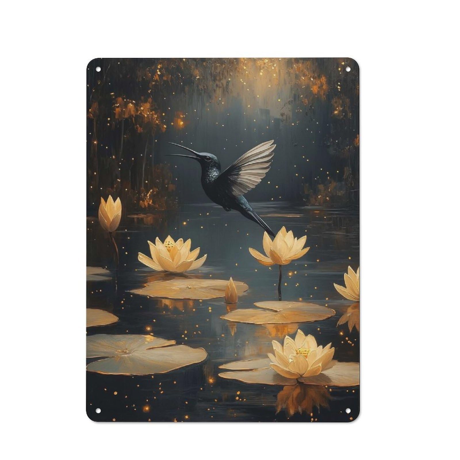Junmoney Style-1 Garage Style Metal Wall Sign 40X30cm Featuring Hummingbird And Water Lilies In Golden Light, Garage Wall Decor For Garage, Hobby Room, Office Or Man Cave
