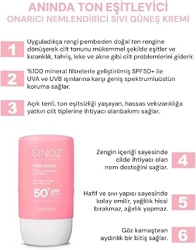 Sinoz Pink Touch Anında Ton Eşitleyici Leke Karşıtı SPF50+ Pembe Sıvı Yüz Güneş Kremi PA++++ 50ml