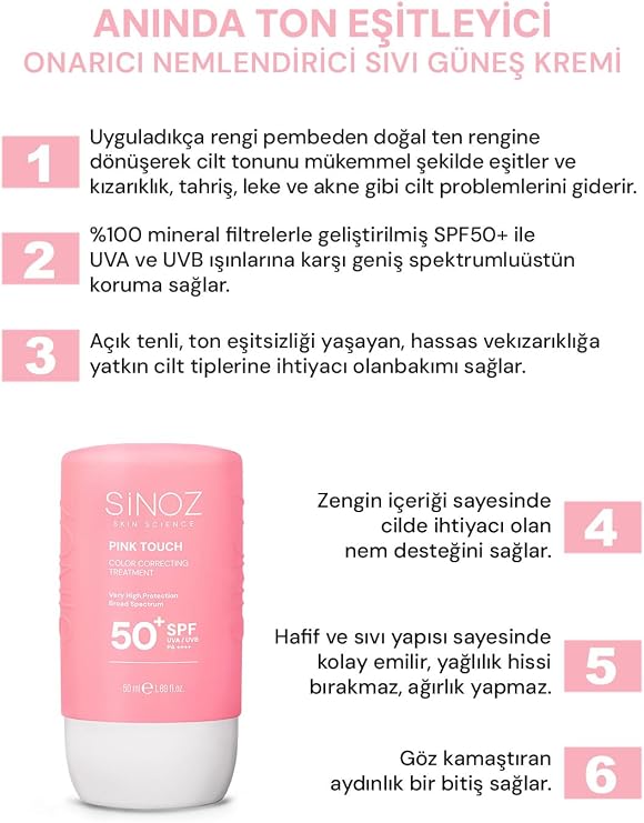 Sinoz Pink Touch Anında Ton Eşitleyici Leke Karşıtı SPF50+ Pembe Sıvı Yüz Güneş Kremi PA++++ 50ml