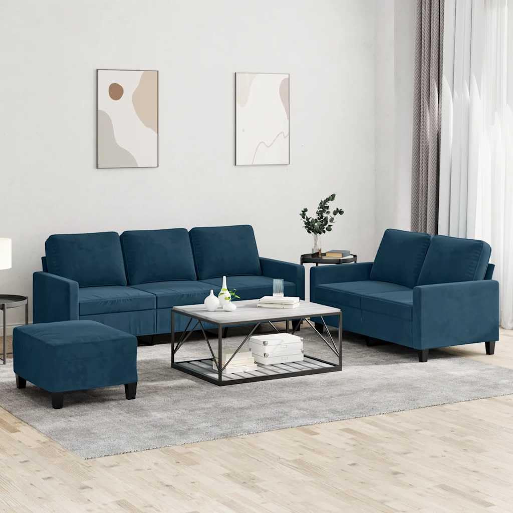 Canape 3 Posti Velluto Blu Scuro 3 Pezzi | Struttura contropiastra in metallo, seduta imbottita, pouf multiuso, 110 kg per sedile