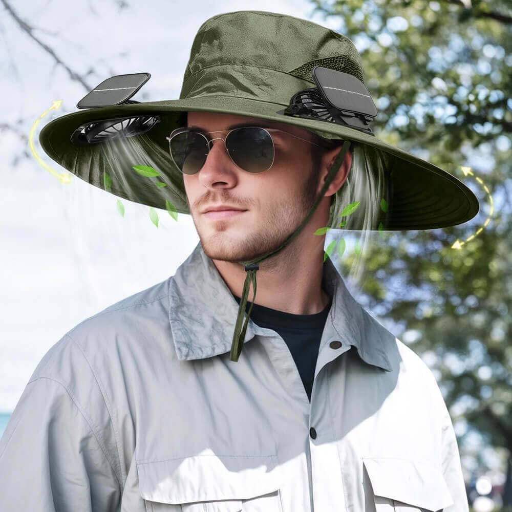 Solar Powered Fan Hat for Men Women Wide Brim Hat with 2 Fans UPF 50+ Outdoor Fishing Beach Sun Hat - Image 2