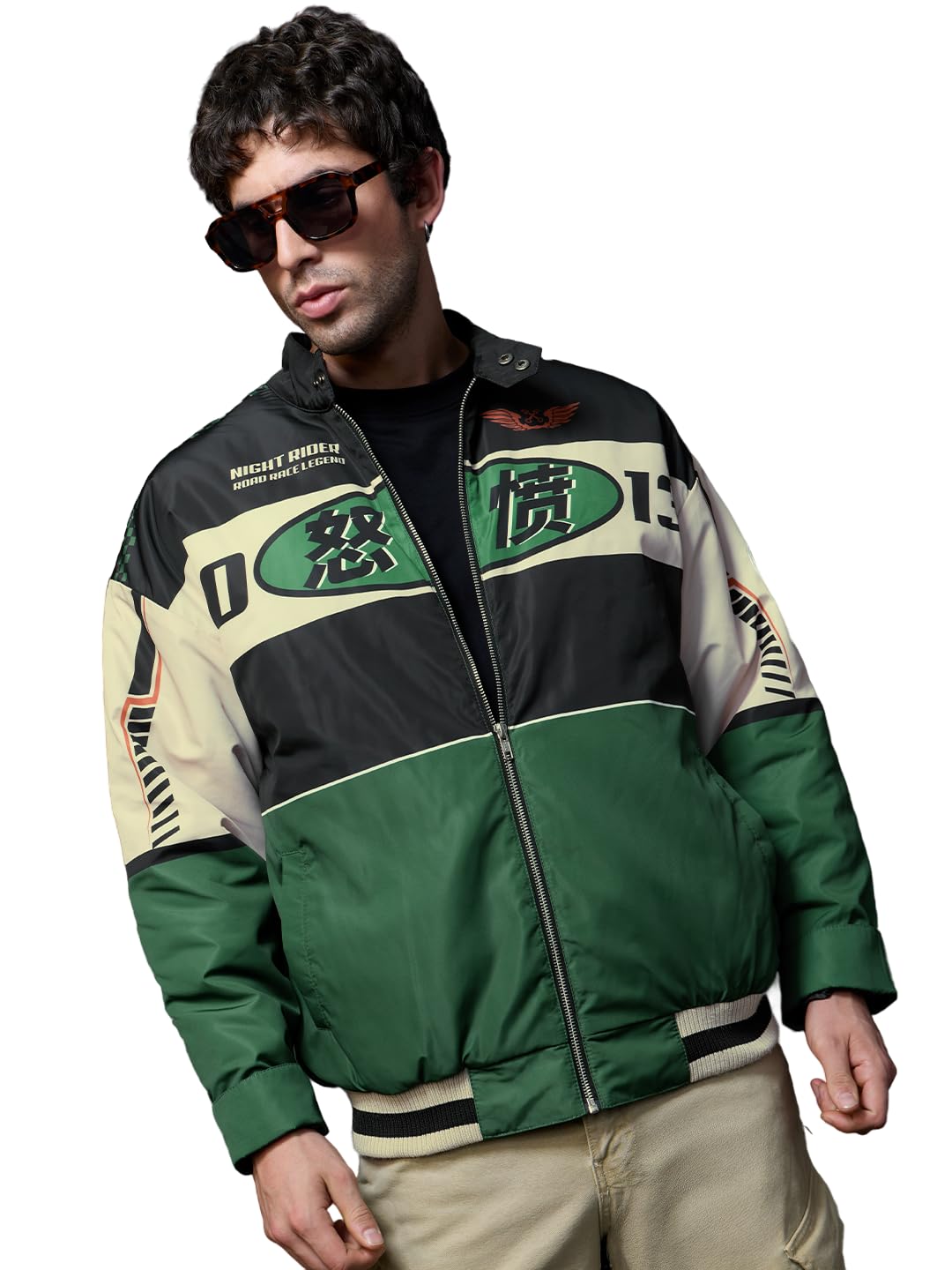 the souled store Racer Jacket: Fury Men and Boys Full Sleeves Mandarin Collar Green and Black Graphic Printed Polyester Oversized Fit Lightweight Winter Streetwear Racer Jacket-picture-20