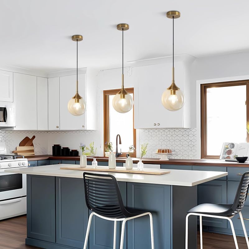 Image of Light Home Decor Lighting Mid Century Modern Pendant Chandelier 1-Light Gold Glass Globe Pendant Light Brushed Brass Large Kitchen Pendant Light (Bulb not Include)