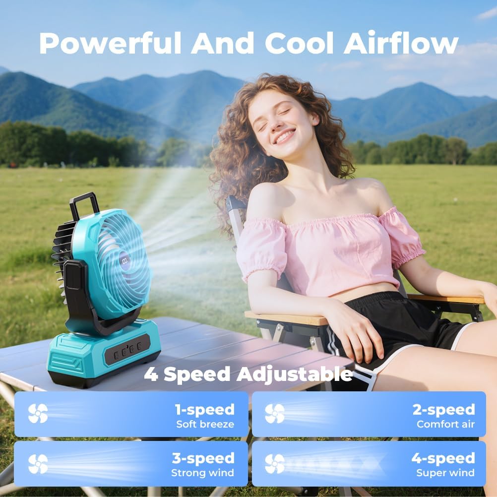 30000mAh Portable Camping Fan with RGB Lantern, Rechargeable Battery Powered Oscillating 4 Wind Speeds LED Display, Remote Control Timer Tent Beach Cordless USB Fans for Travel Home Outdoor, Blue