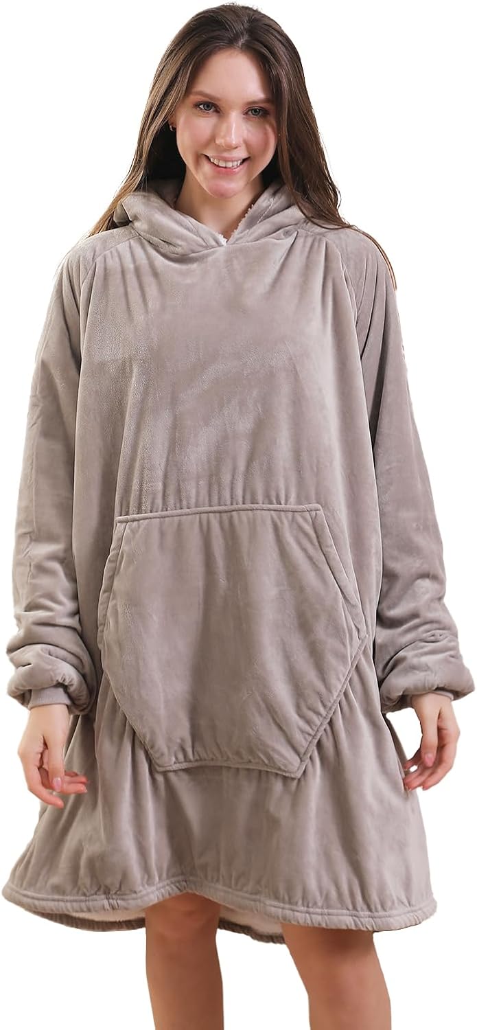 Oversize Wearable Blanket Hood Pocket And Sleeves Warm Comfortable Plush Wearable Blanket Adult Hooded Blanket - Image 3