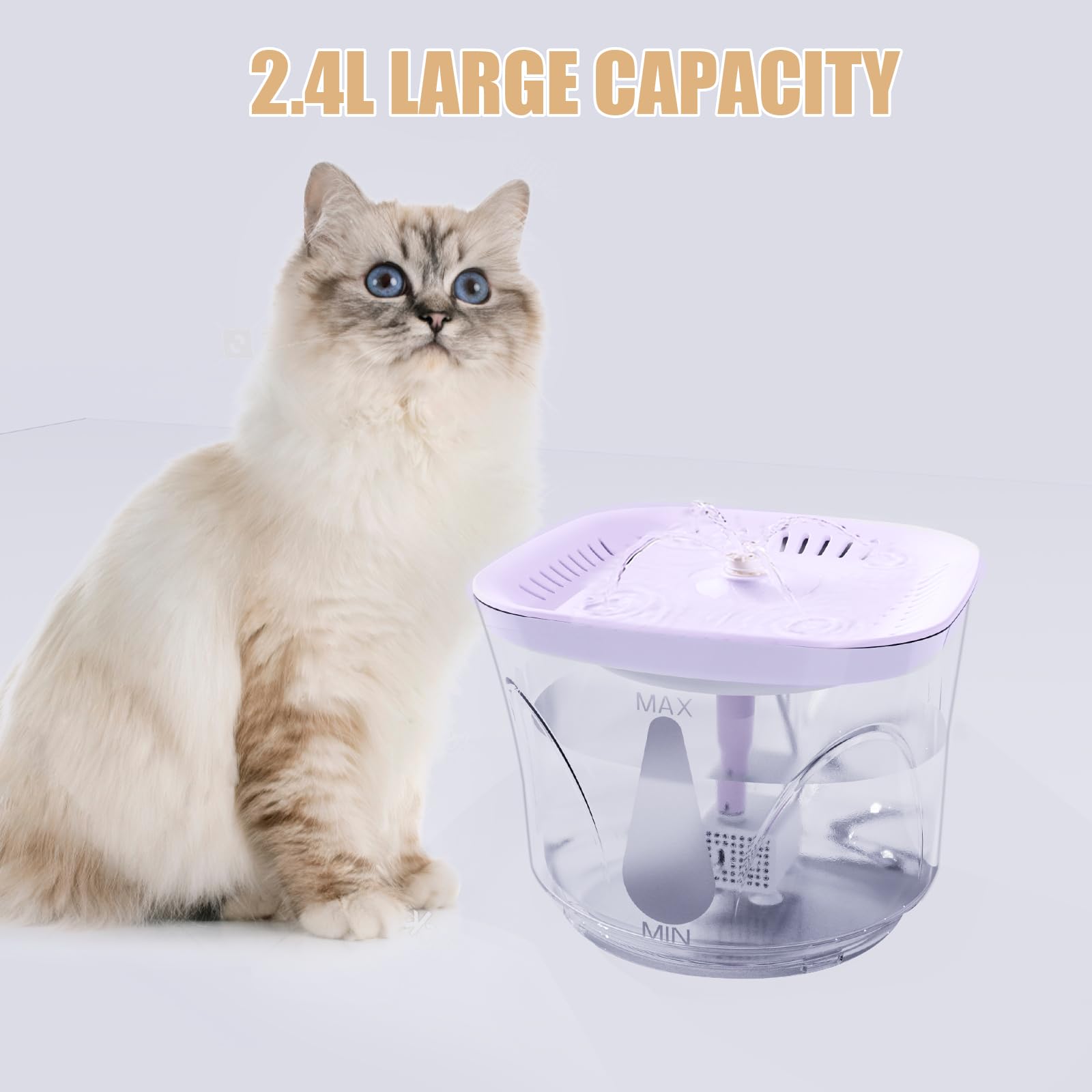 Fuente de agua para gatos, fuente de agua ultra silenciosa para gatos y perros pequeños, fuente de agua para interiores, capacidad de 2.4 litros, con filtros de repuesto, color blanco