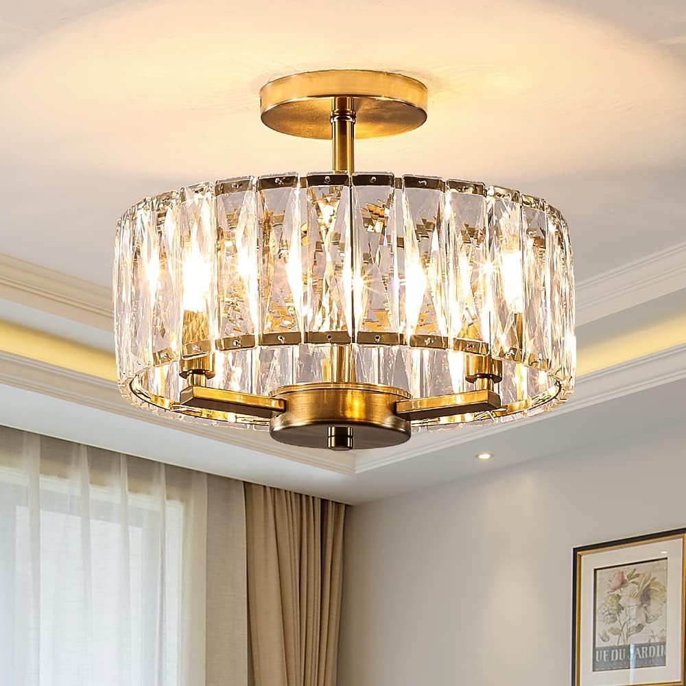 MSSIAN Modern Gold Crystal Chandelier Round Small Luxury Ceiling Light Fixture with E14-3 Lights Pendant Hanging Light for Living Room Dining Room Bedroom Foyer Hallway Kitchen W32CM
