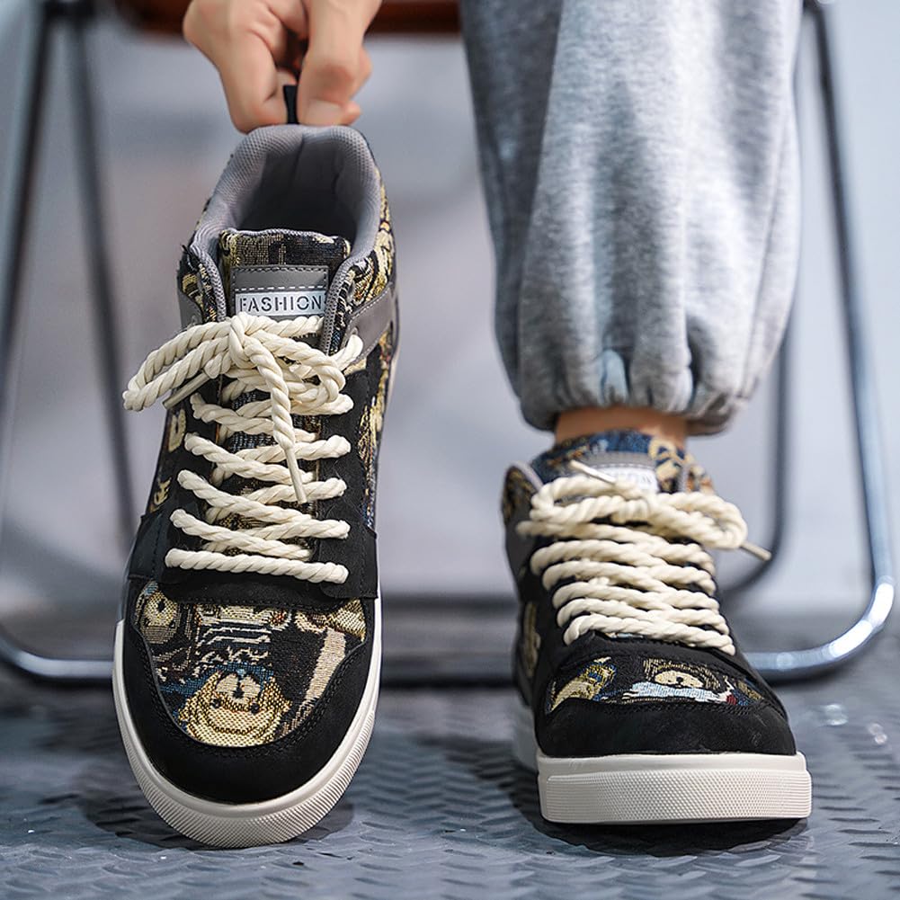 Men's Fashion High Top Chinese Style Skate Sneakers Stylish Comfortable Skateboarding Road Running Walking Shoes: 12.5 Black Grey