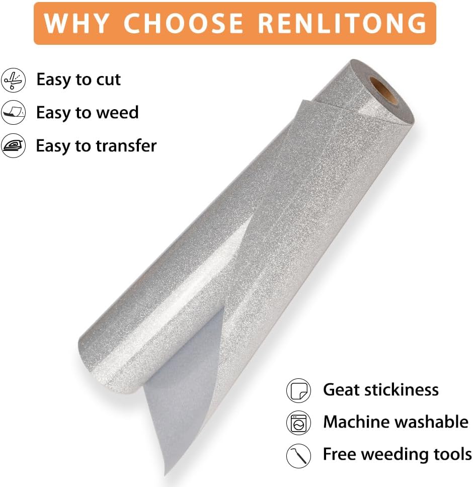 RENLITONG Silver Glitter HTV Heat Transfer Vinyl Rolls - 12 Inch x 20ft Glitter Iron on Vinyl for T-Shirt and Silhouette, Easy to Cut & Weed for Heat Transfer Design