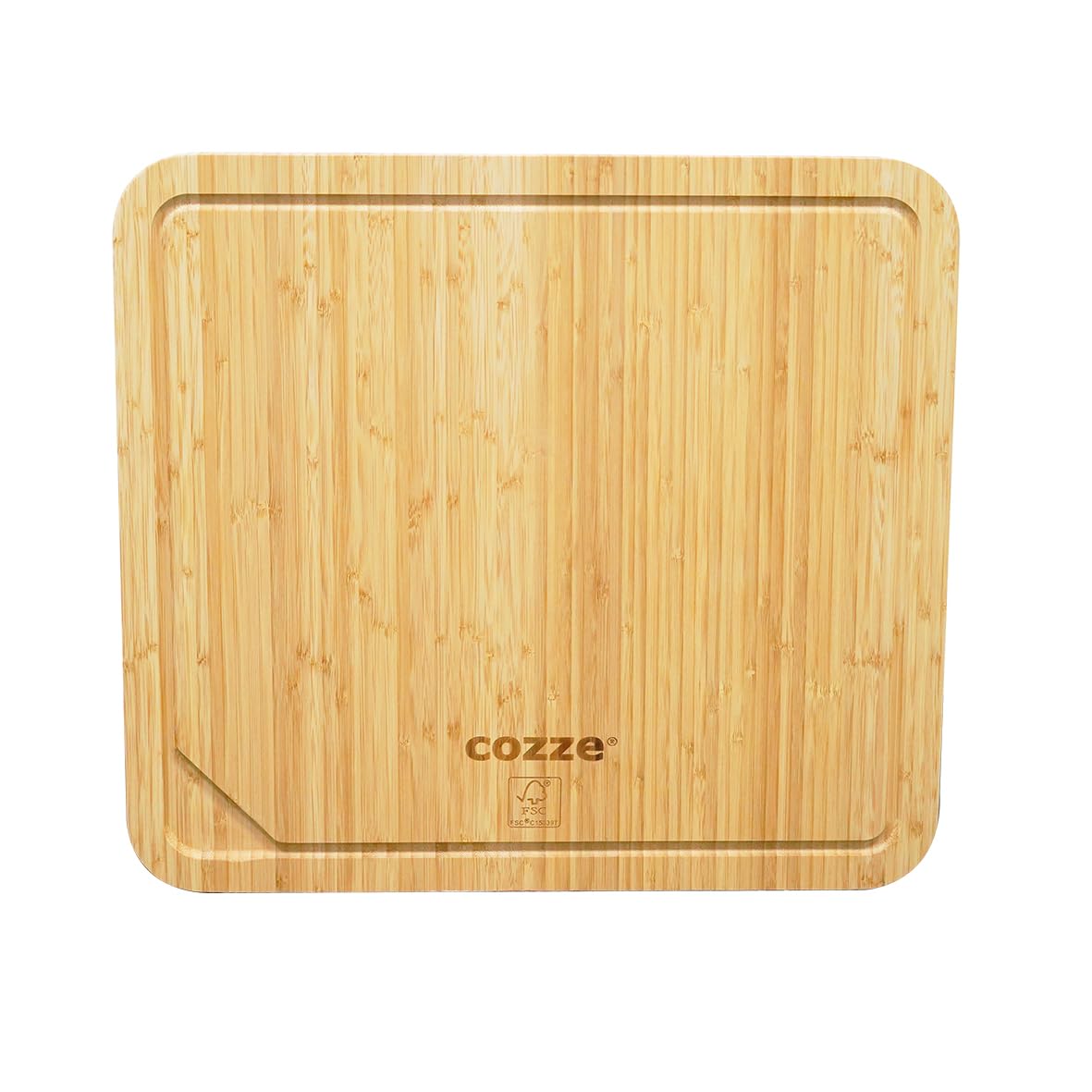 Cozze® XL Bambus-Schneidebrett 49 x 54 x 2 cm – Wendbar mit Saftrille & glatter Seite, großes Servierbrett für Pizza & Grill, Bambus Holz, LFGB, FSC-Karton