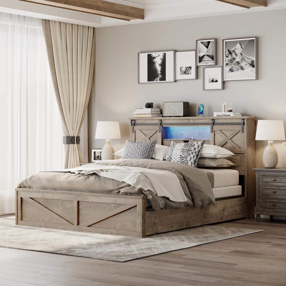 Farmhouse Bed Frame Queen Size with LED Lights and Charging Station, Wooden Queen Bed with 2 Storage Drawers, Rustic Headboard with Sliding Barn Door Storage Cabinets